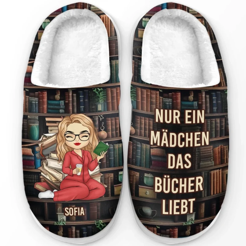 Individuelle flauschige Hausschuhe – Personalisierte Bücher Geschenke für Buchliebhaber, Bücherwürmer, Leser – Einfach ein Mädchen, das Bücher liebt