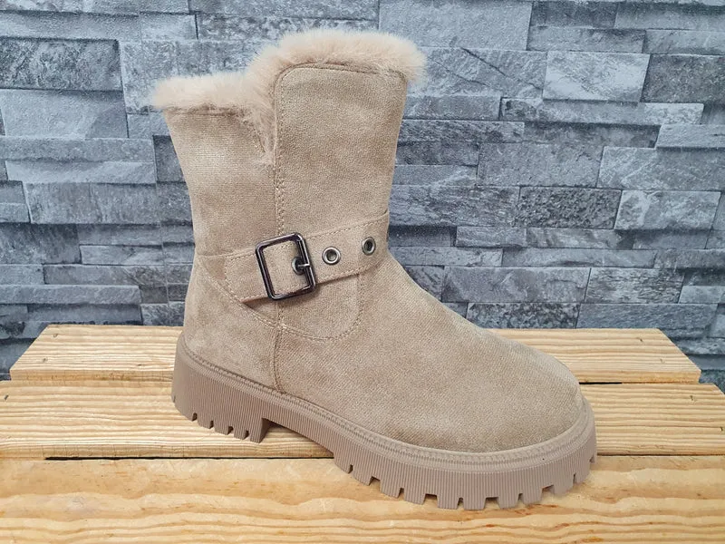 Damen Boots Beige Winter Warm Gefüttert Schnalle