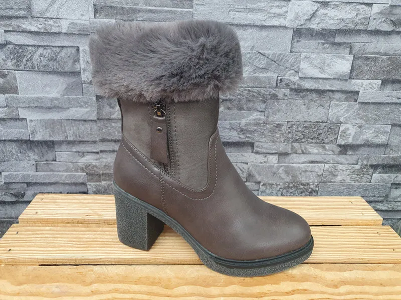 Damen-Winterboots Grau, gefüttert, 8 cm Blockabsatz