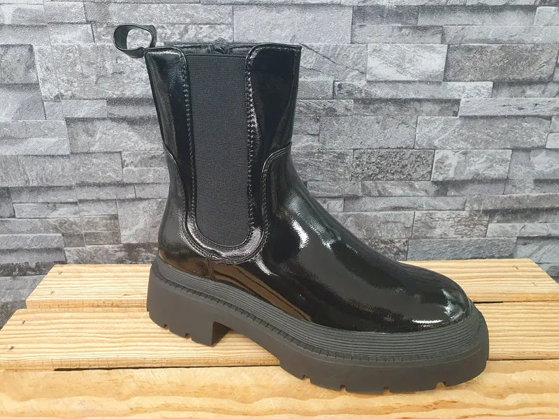 Damen Stiefelette Schwarz Plateau Lack Schuhe