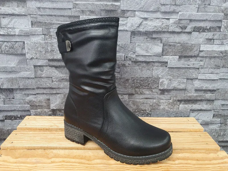 Scandi Damen Stiefelette Kunstleder Schwarz Gefüttert Gummisohle Kunstfell Warm Winter