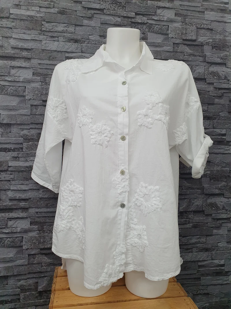 Made In Italy Bluse Weiß 3 D Blumen Einheitsgröße 3/4 Arm
