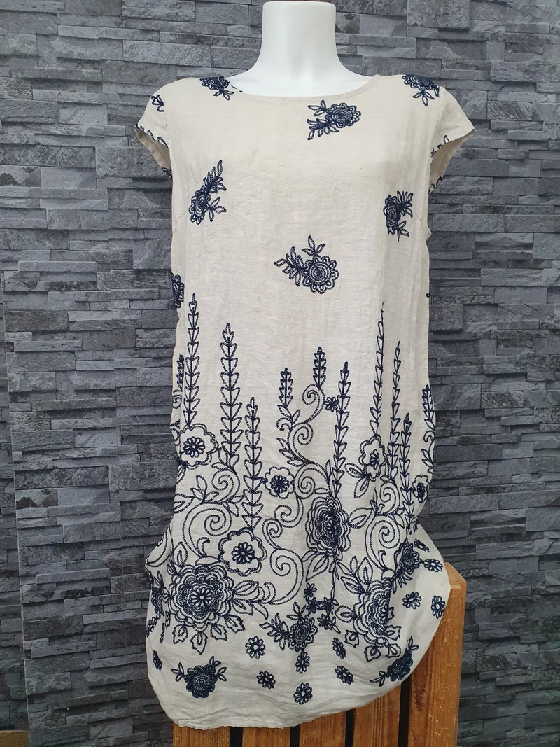 Made In Italy Damen Kleid Sommerkleid Blau & Pink Einheitsgröße Leinen
