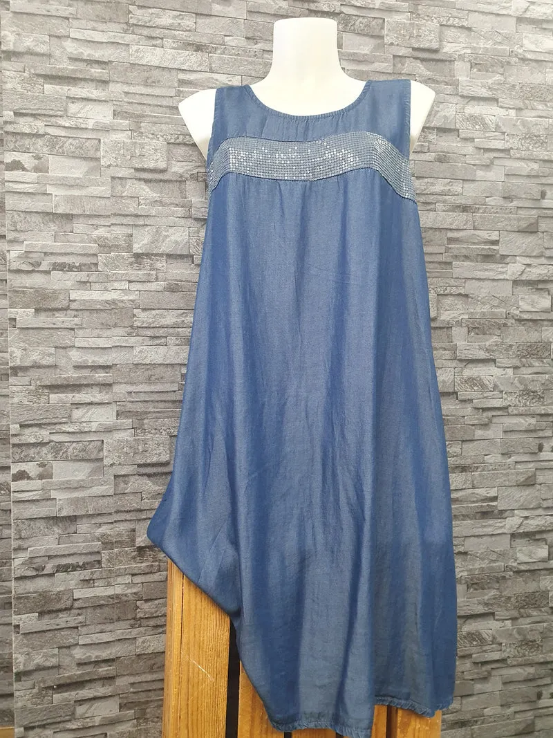 Made In Italy Damen Kleid Strandkleid Blau Pailletten Einheitsgröße