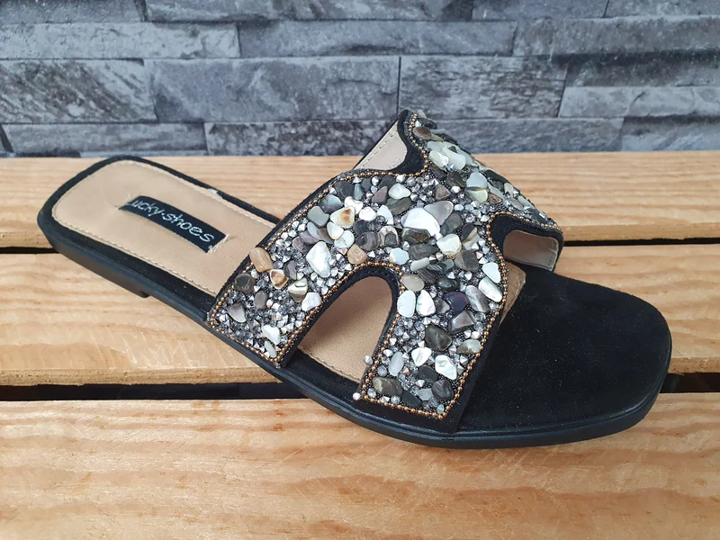 Damen Pantolette Sandalette Schuhe Sommer Steinchen Schwarz