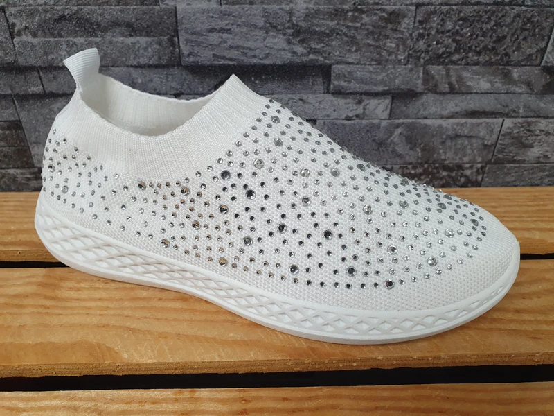 Damen Sneaker Schuhe Freizeitschuhe Stoff Glitzer Weiß & Grau