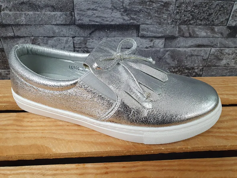 Damen Slipper Sneaker Schuhe Silber Slip On