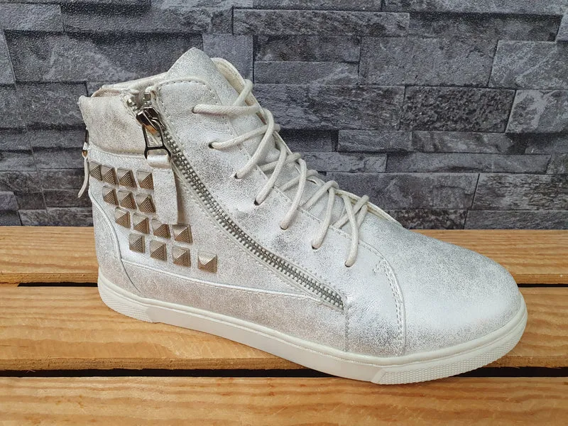 Damen Sneaker Nieten Knöchelschuh Silber Schwarz & Schuhe