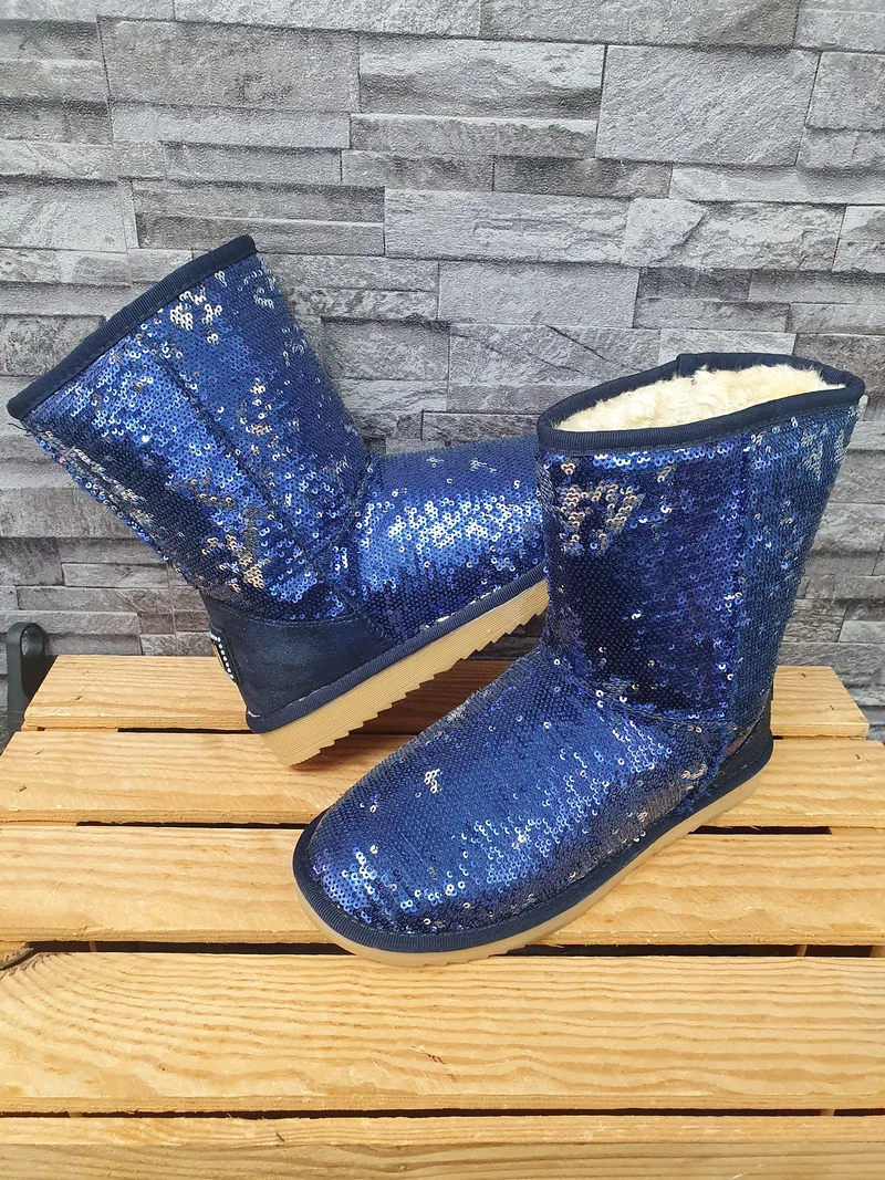 NEU! Damen Boots Pailetten Blau Silber Gefüttert Kunstfell Gr. 37-40