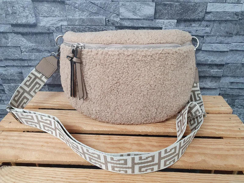 Damen Bum Bag Teddy Plüsch Tasche Umhängetasche Braun & Grau & Beige
