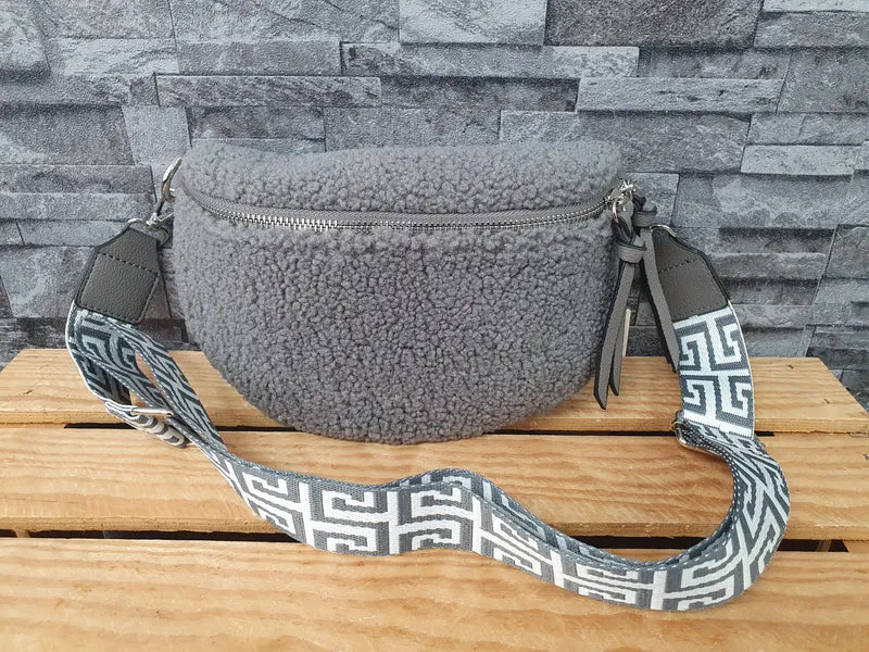 Damen Teddy Plüsch Bum Bag Tasche Umhängetasche Grau & Beige & Braun