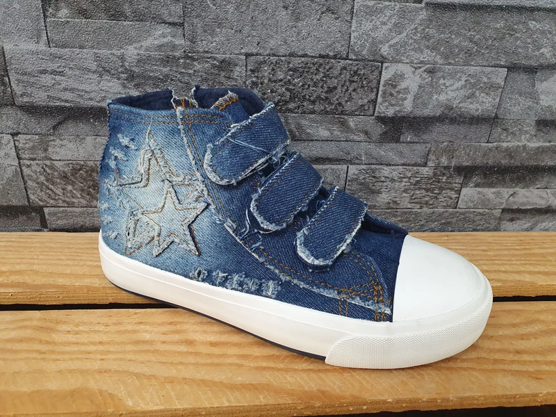 Kinder Mädchen Sneaker Knöchelschuh Klett Reißverschluss Jeans Blau