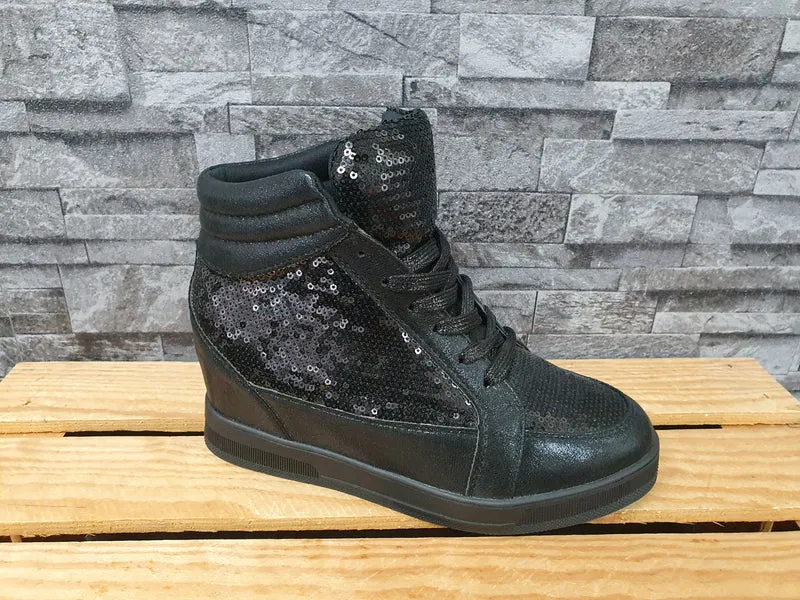 Damen Sneaker Schuhe Schwarz Pailletten Kailabsatz Größe 37-41