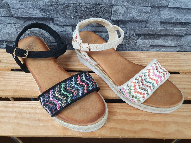 Damen Sandalen Sandalette Espadrilles Beige & Schwarz Kailabsatz