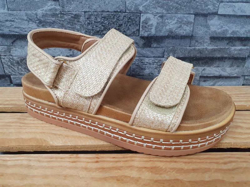 Damen Sandalen Riemensandalette 2¹ x Klett Beige Textil Größe 39-41