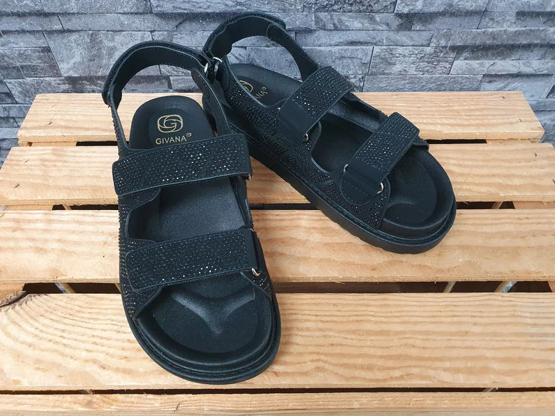 Damen Sandalen 3 x Klett Schwarz Steinchen Riemensandalette Plateau