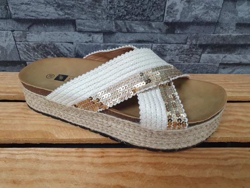 Damen Pantolette Plateau Beige Gold Pailletten Sommer Stylisch