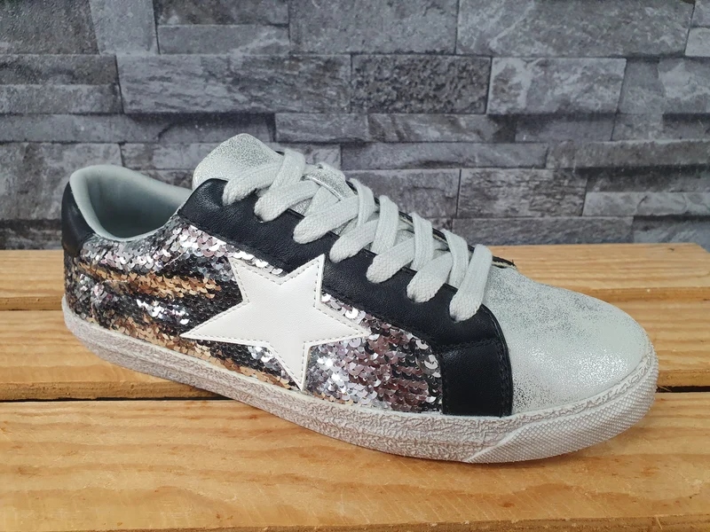 Damen Sneaker Schuhe Glitzer Pailletten Silber