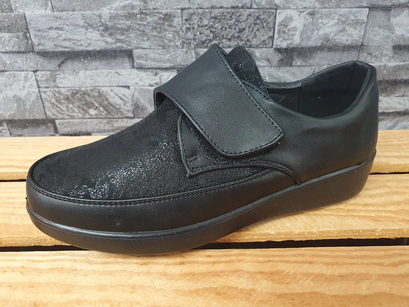 Scandi Damen Hausschuhe Schuhe 1x Klett Glitzer Schwarz