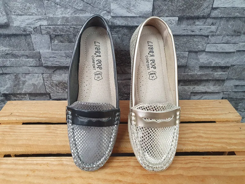 Damen Comfort Ballerina Schuhe Halbschuhe Glitzer Grau & Gold Lederinnensohle