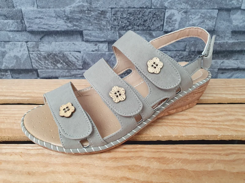 Scandi Damen Sandalen 3 x Klett Grau Blumen Sommer