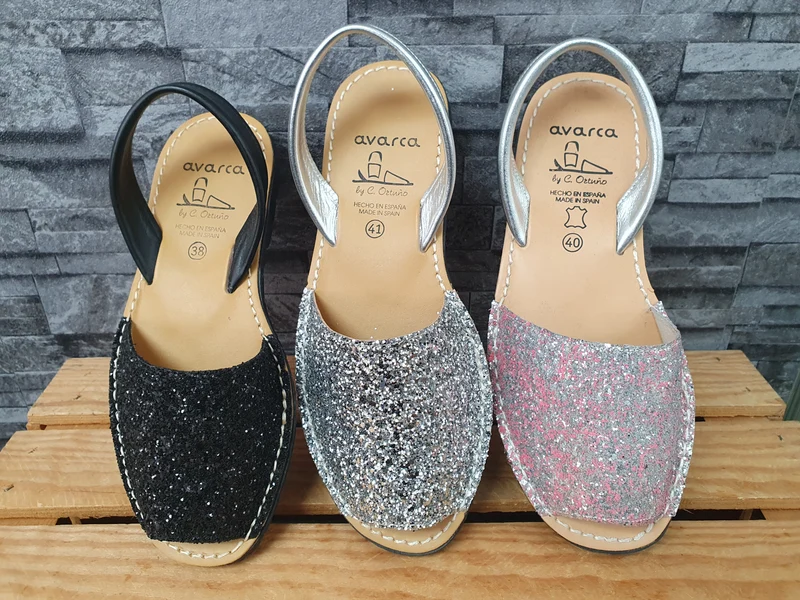Avarca Damen Spanische Sandalen Leder Glitzer Riemchen