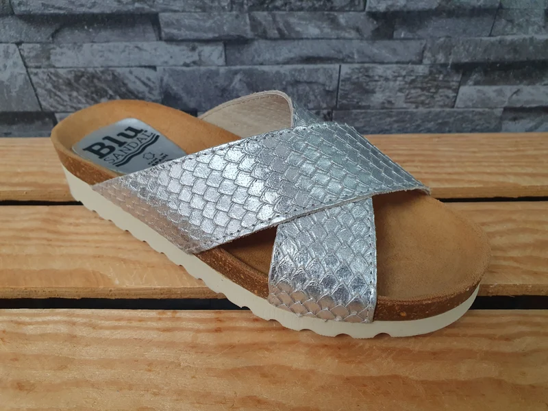 Blu Sandal Damen Pantolette Leder Silber Snake