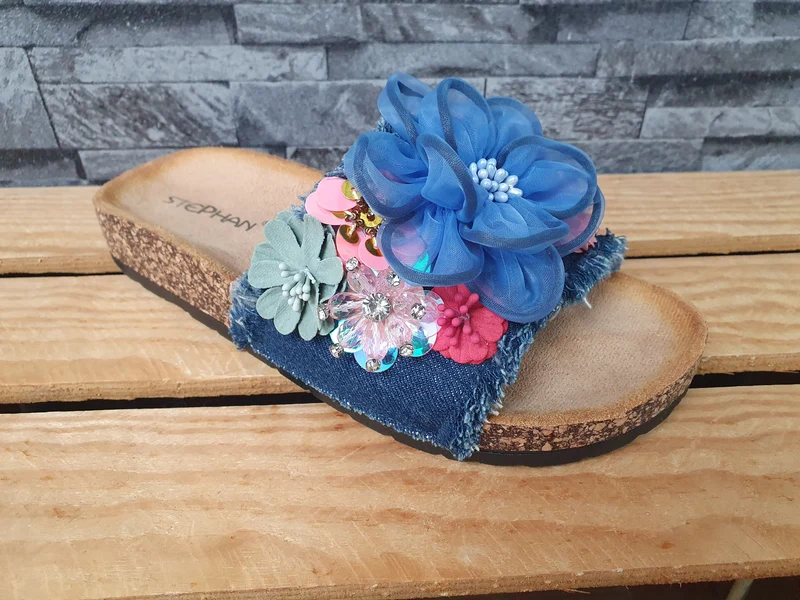 Damen Pantolette Blau Jeans Blumen Sommer