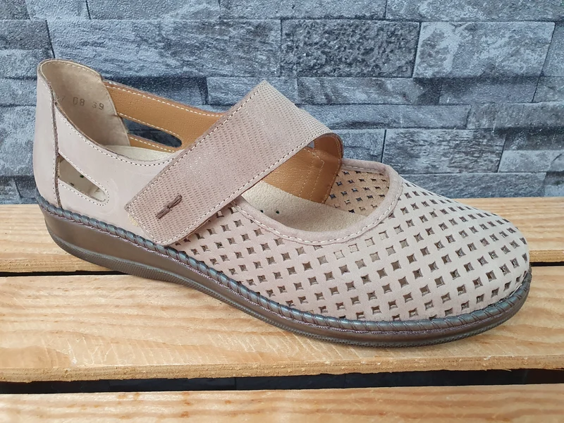 Damen Axel Comfort Leder Gesundheitsschuhe Sandalen Klett Beige Weite H