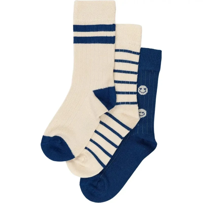 MINIPOP 3er Pack Bambus Socken - royalblau / créme / Smileys