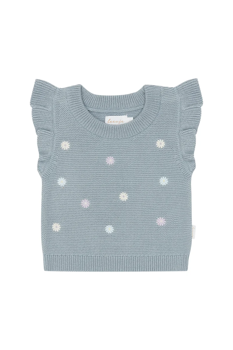 Knitted Frill Sleeve Top with Floral Embroidery